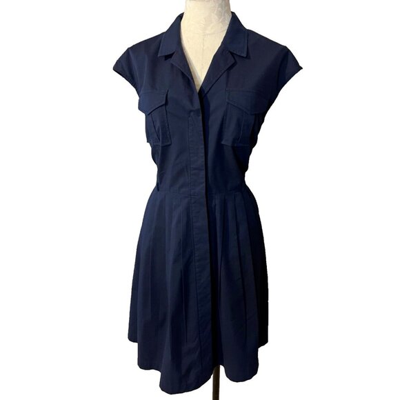 Liz Claiborne Shirt Dress 12 Navy Blue A Line Stretch Cotton Short Slv Washable - Picture 1 of 4